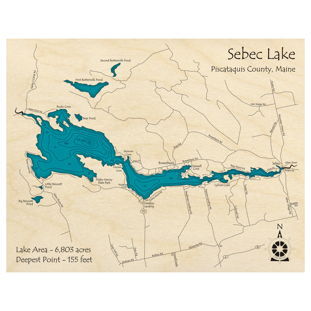 Bathymetric topo map of Sebec Lake, ME with roads, towns and depths noted in blue water.