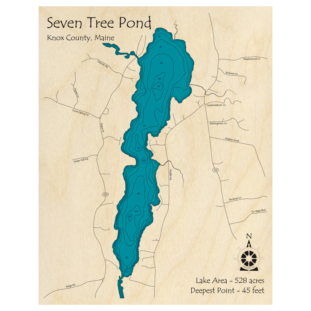 Bathymetric topo map of Seven Tree Pond, ME with roads, towns and depths noted in blue water.