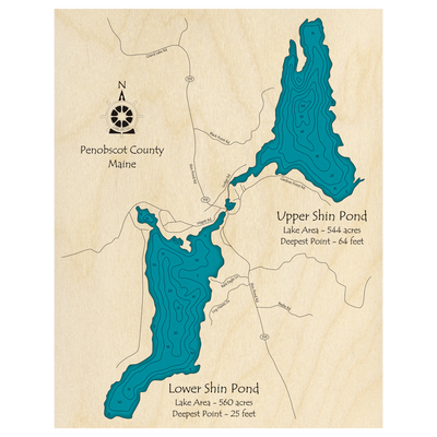 Bathymetric topo map of Upper and Lower Shin Ponds, ME with roads, towns and depths noted in blue water.