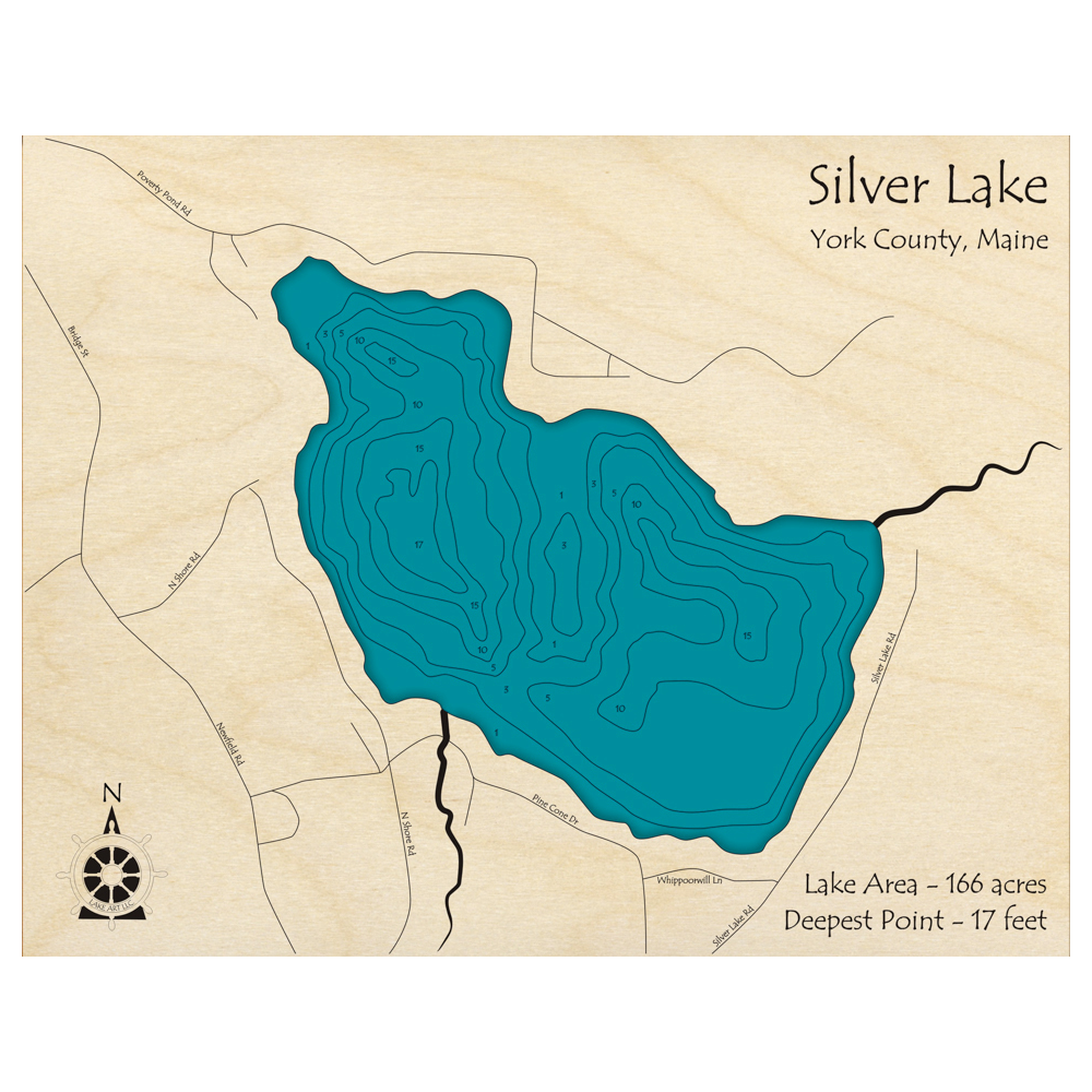 Bathymetric topo map of Silver Lake, ME with roads, towns and depths noted in blue water.
