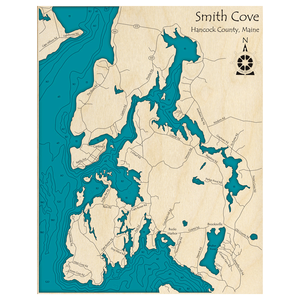 Bathymetric topo map of Smith Cove, ME with roads, towns and depths noted in blue water.