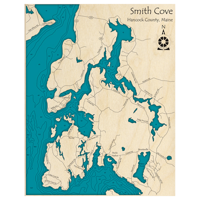 Bathymetric topo map of Smith Cove, ME with roads, towns and depths noted in blue water.