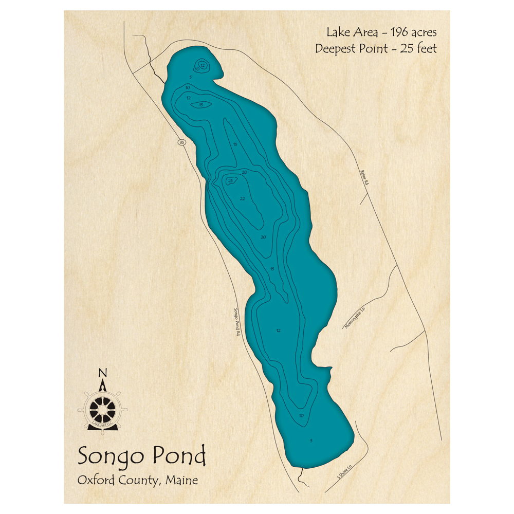 Bathymetric topo map of Songo Pond, ME with roads, towns and depths noted in blue water.