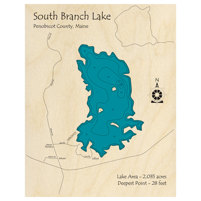 Bathymetric topo map of South Branch Lake, ME with roads, towns and depths noted in blue water.