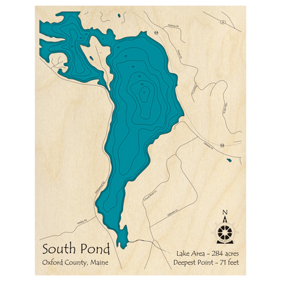 Bathymetric topo map of South Pond, ME with roads, towns and depths noted in blue water.