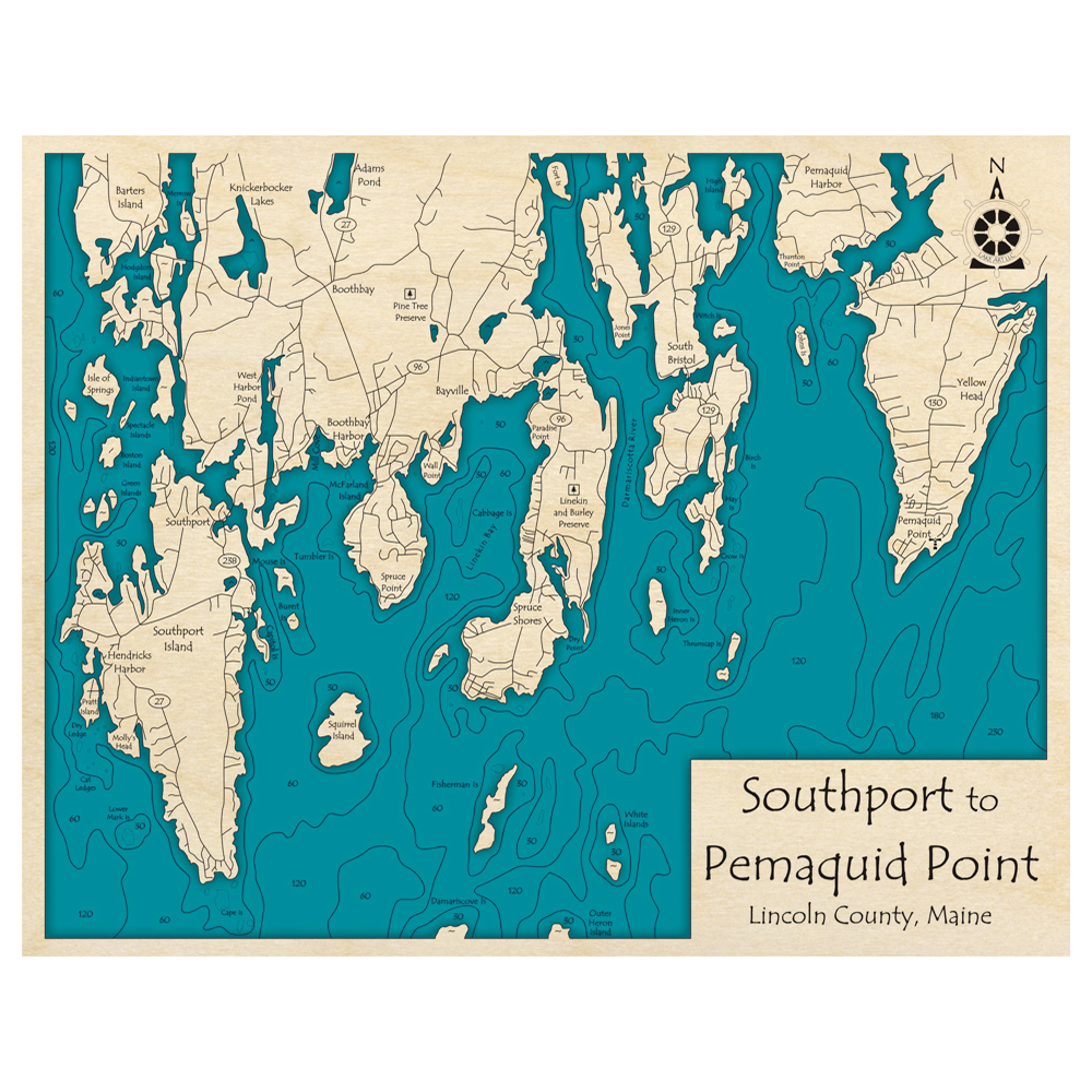 Bathymetric topo map of Southport to Pemaquid Point, ME with roads, towns and depths noted in blue water.