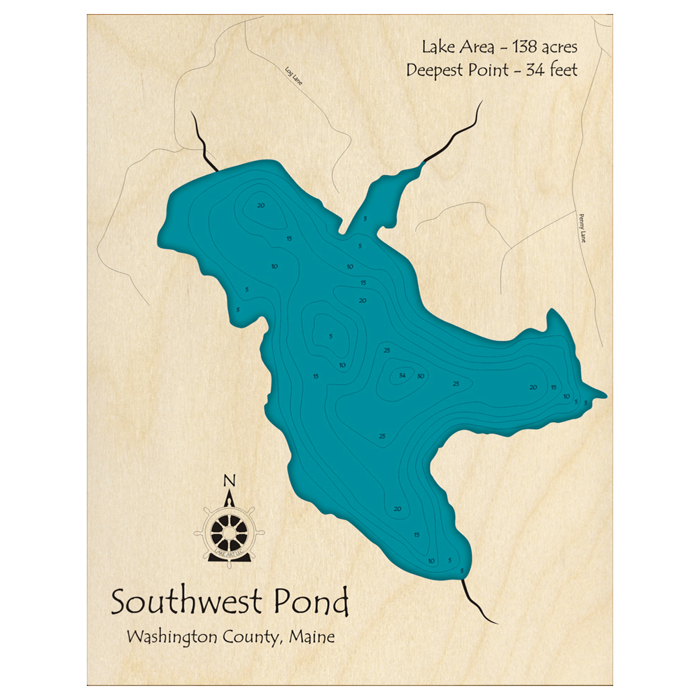 Bathymetric topo map of Southwest Pond, ME with roads, towns and depths noted in blue water.