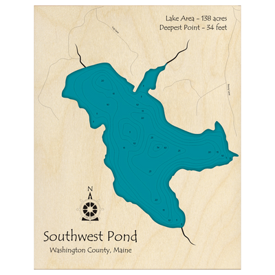 Bathymetric topo map of Southwest Pond, ME with roads, towns and depths noted in blue water.