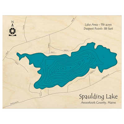 Bathymetric topo map of Spaulding Lake, ME with roads, towns and depths noted in blue water.