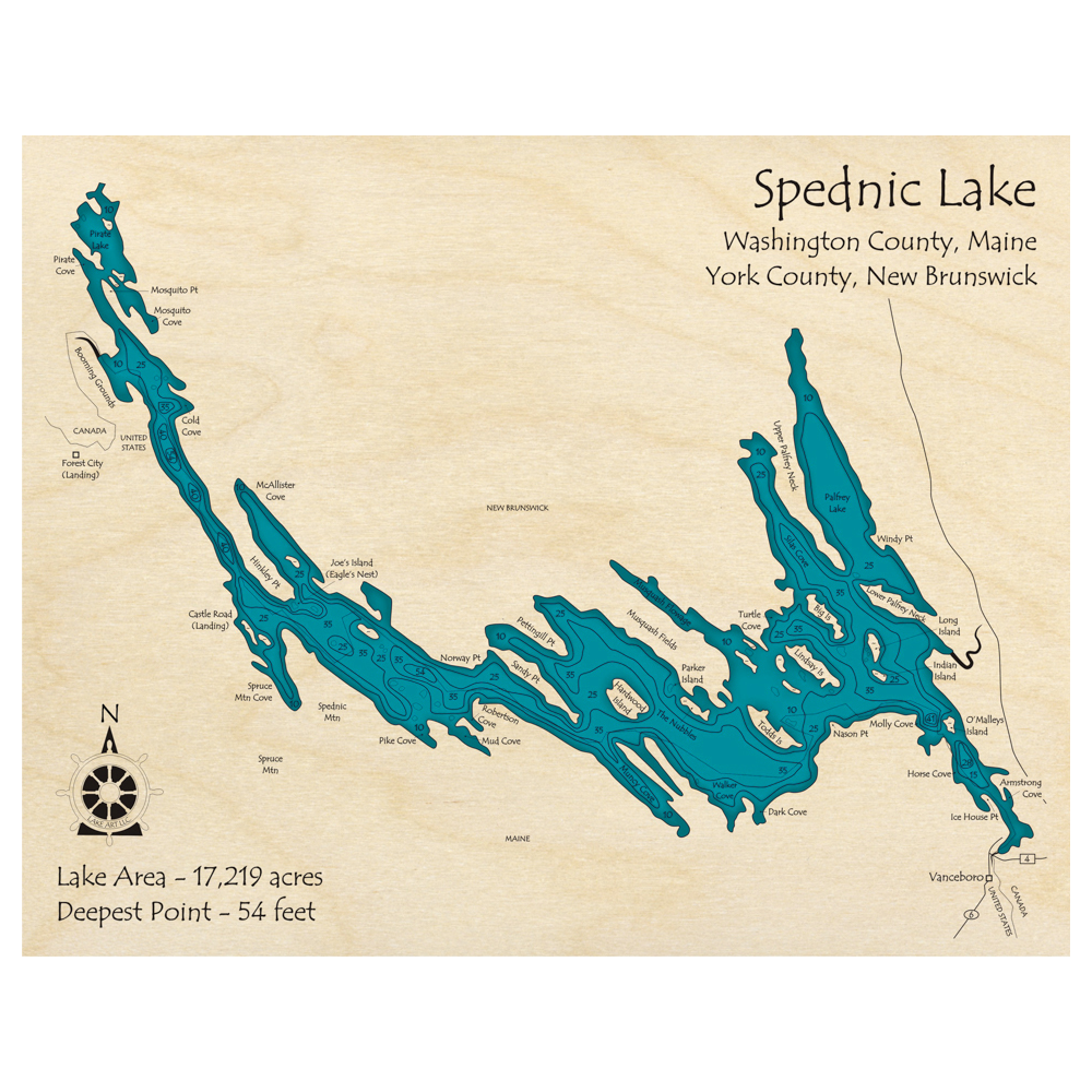 Bathymetric topo map of Spednic Lake (NB, ME) with roads, towns and depths noted in blue water.