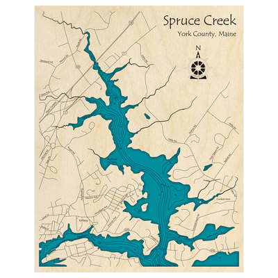 Bathymetric topo map of Spruce Creek, ME with roads, towns and depths noted in blue water.