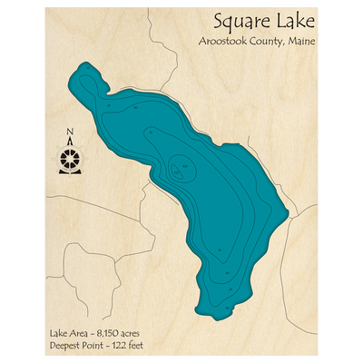 Bathymetric topo map of Square Lake, ME with roads, towns and depths noted in blue water.