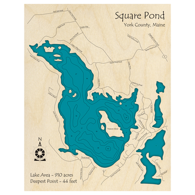 Bathymetric topo map of Square Pond, ME with roads, towns and depths noted in blue water.