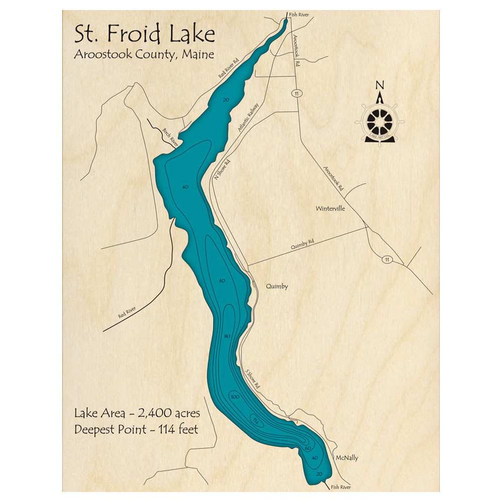 Bathymetric topo map of St Froid Lake, ME with roads, towns and depths noted in blue water.