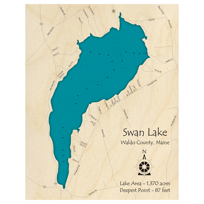Bathymetric topo map of Swan Lake, ME with roads, towns and depths noted in blue water.