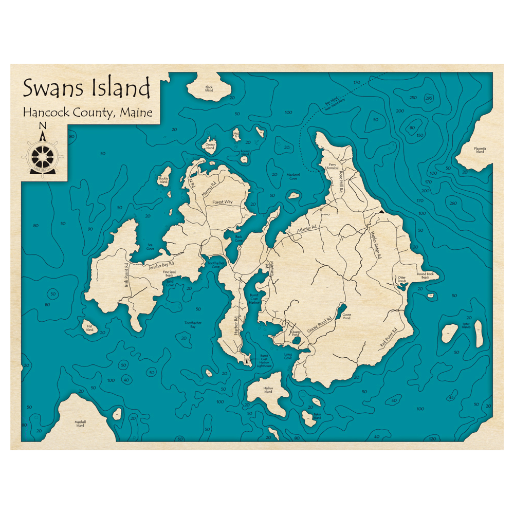 Bathymetric topo map of Swans Island, ME with roads, towns and depths noted in blue water.