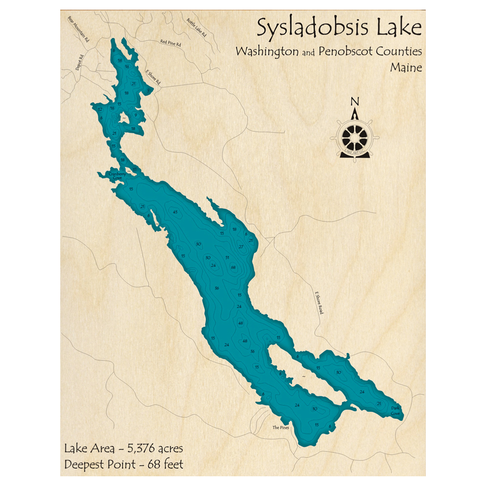 Bathymetric topo map of Sysladobsis Lake, ME with roads, towns and depths noted in blue water.