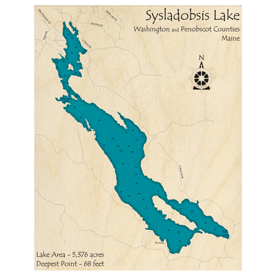 Bathymetric topo map of Sysladobsis Lake, ME with roads, towns and depths noted in blue water.