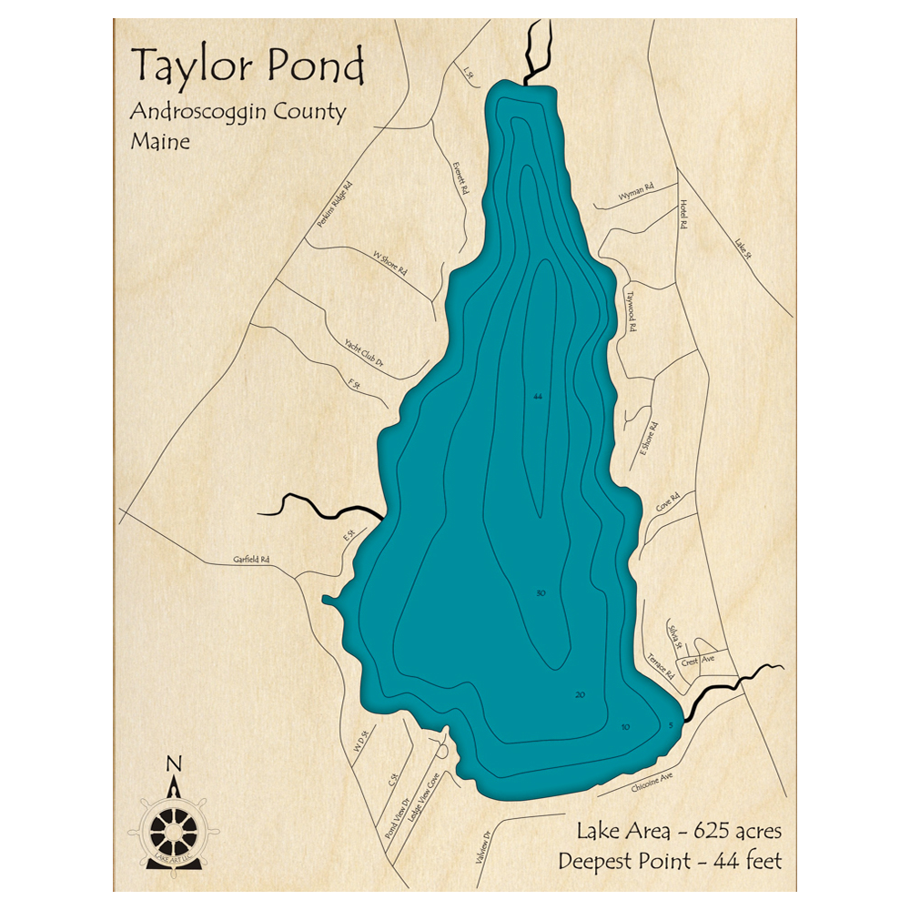 Bathymetric topo map of Taylor Pond, ME with roads, towns and depths noted in blue water.