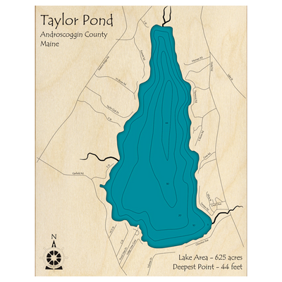 Bathymetric topo map of Taylor Pond, ME with roads, towns and depths noted in blue water.