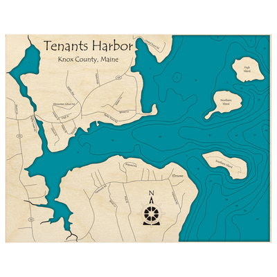 Bathymetric topo map of Tenants Harbor, ME with roads, towns and depths noted in blue water.