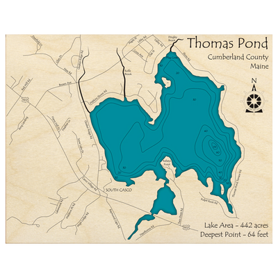 Bathymetric topo map of Thomas Pond, ME with roads, towns and depths noted in blue water.