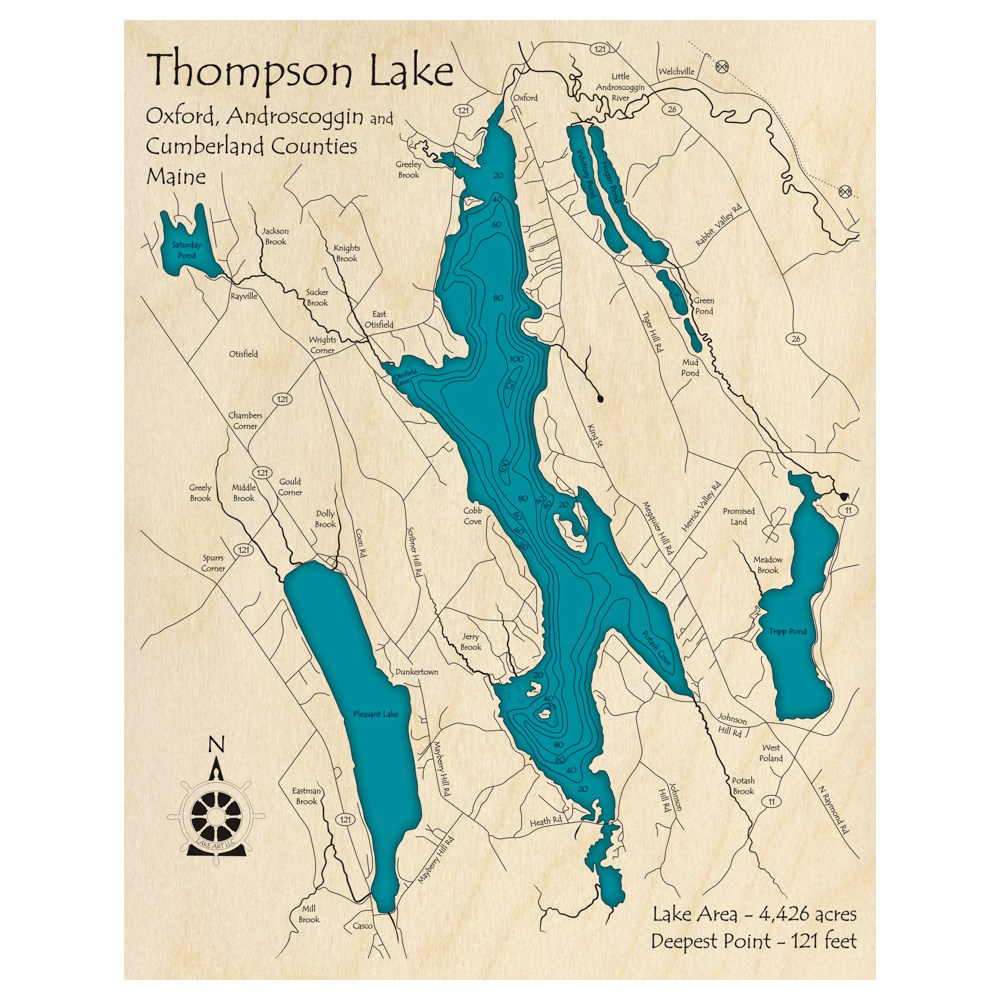 Bathymetric topo map of Thompson Lake, ME with roads, towns and depths noted in blue water.
