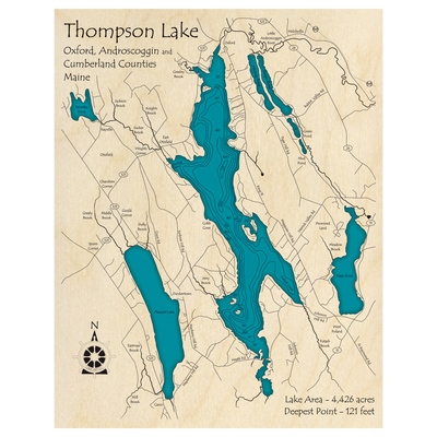 Bathymetric topo map of Thompson Lake, ME with roads, towns and depths noted in blue water.