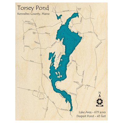 Bathymetric topo map of Torsey Lake, ME with roads, towns and depths noted in blue water.