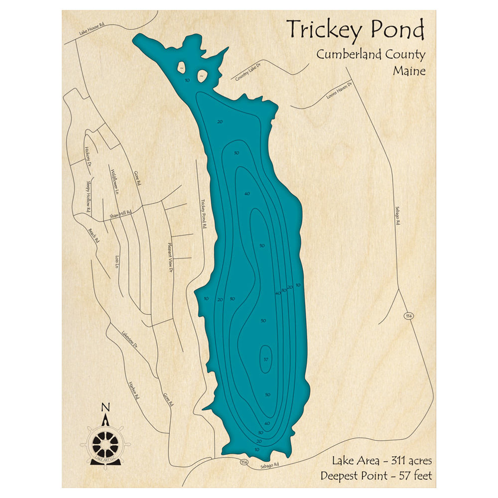 Bathymetric topo map of Trickey Pond, ME with roads, towns and depths noted in blue water.