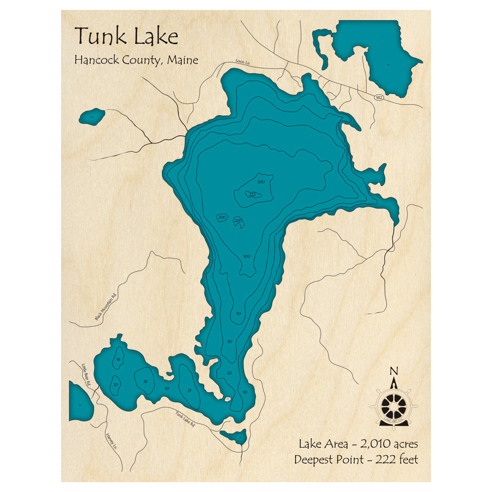 Bathymetric topo map of Tunk Lake, ME with roads, towns and depths noted in blue water.