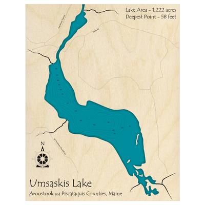 Bathymetric topo map of Umsaskis Lake, ME with roads, towns and depths noted in blue water.