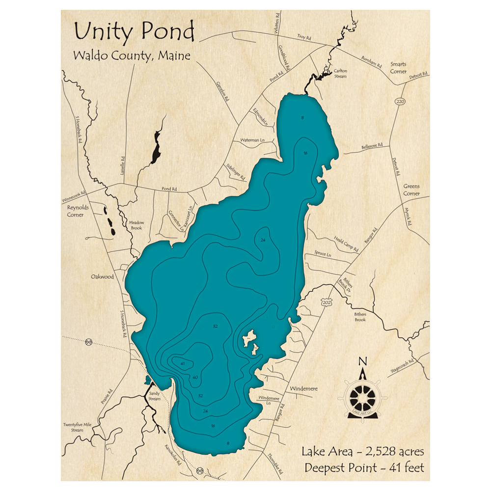 Bathymetric topo map of Unity Pond, ME with roads, towns and depths noted in blue water.