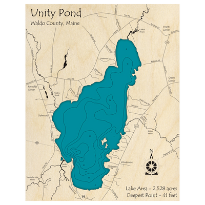 Bathymetric topo map of Unity Pond, ME with roads, towns and depths noted in blue water.