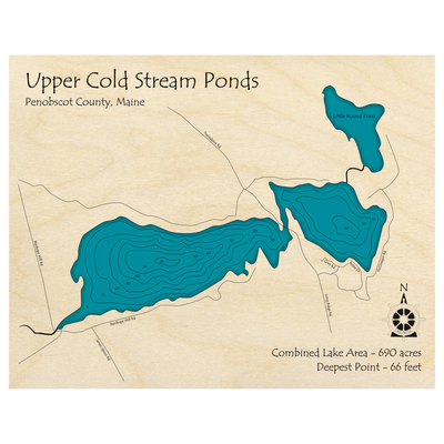 Bathymetric topo map of Upper Cold Stream Ponds, ME with roads, towns and depths noted in blue water.
