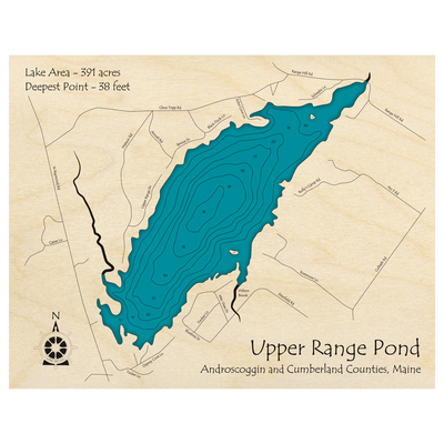 Bathymetric topo map of Upper Range Pond, ME with roads, towns and depths noted in blue water.