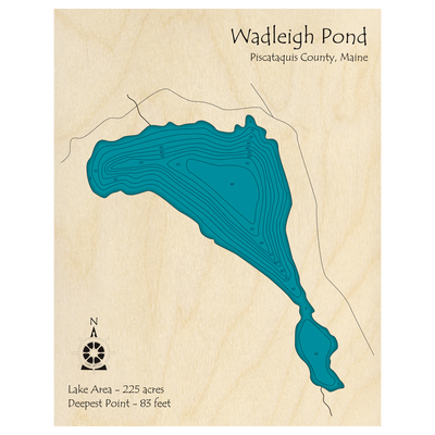 Bathymetric topo map of Wadleigh Pond, ME with roads, towns and depths noted in blue water.