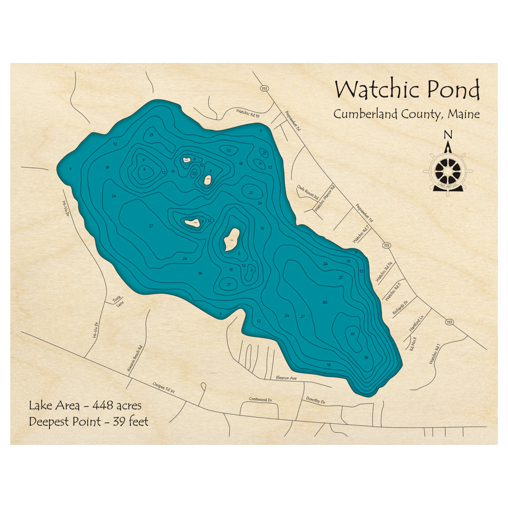 Bathymetric topo map of Watchic Pond, ME with roads, towns and depths noted in blue water.