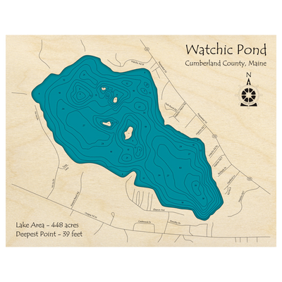 Bathymetric topo map of Watchic Pond, ME with roads, towns and depths noted in blue water.