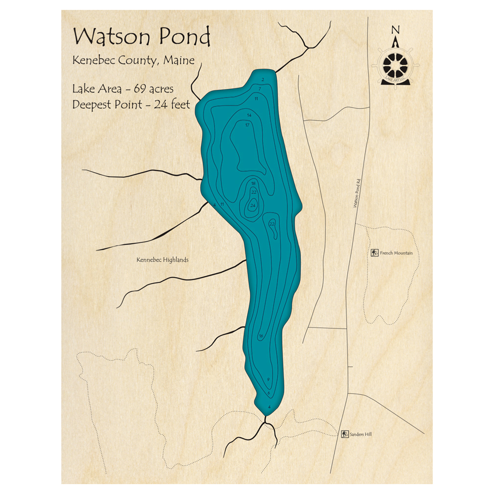 Bathymetric topo map of Watson Pond, ME with roads, towns and depths noted in blue water.