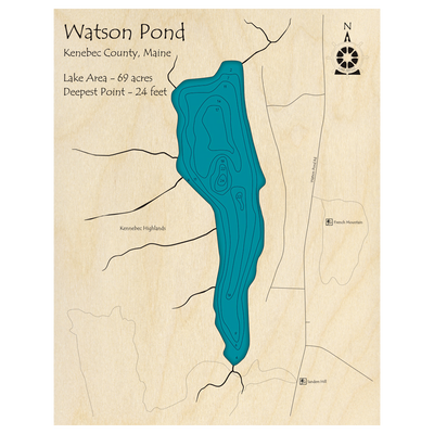 Bathymetric topo map of Watson Pond, ME with roads, towns and depths noted in blue water.