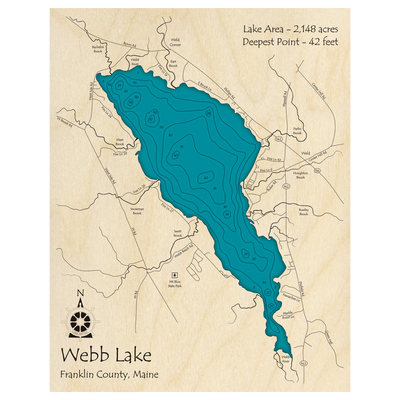 Bathymetric topo map of Webb Lake, ME with roads, towns and depths noted in blue water.