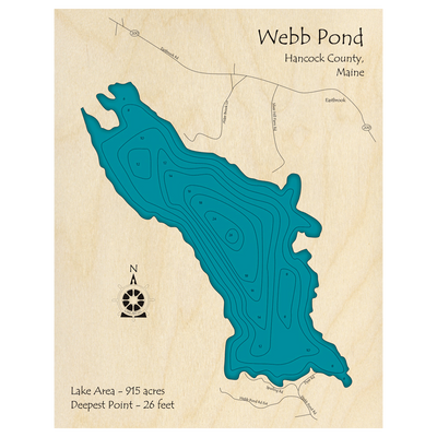 Bathymetric topo map of Webb Pond, ME with roads, towns and depths noted in blue water.