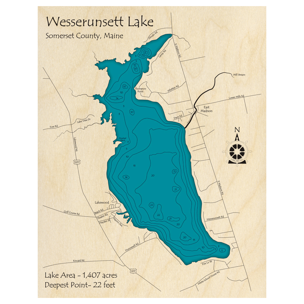 Bathymetric topo map of Wesserunsett Lake, ME with roads, towns and depths noted in blue water.
