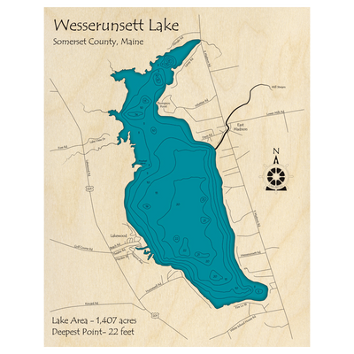 Bathymetric topo map of Wesserunsett Lake, ME with roads, towns and depths noted in blue water.