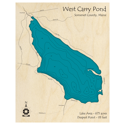 Bathymetric topo map of West Carry Pond, ME with roads, towns and depths noted in blue water.