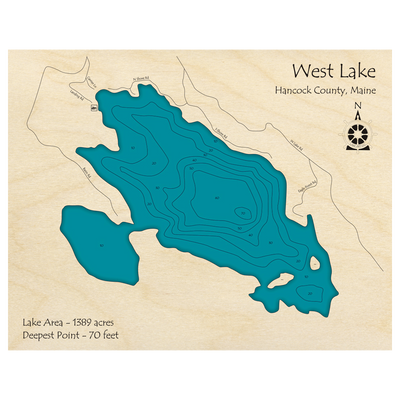 Bathymetric topo map of West Lake, ME with roads, towns and depths noted in blue water.