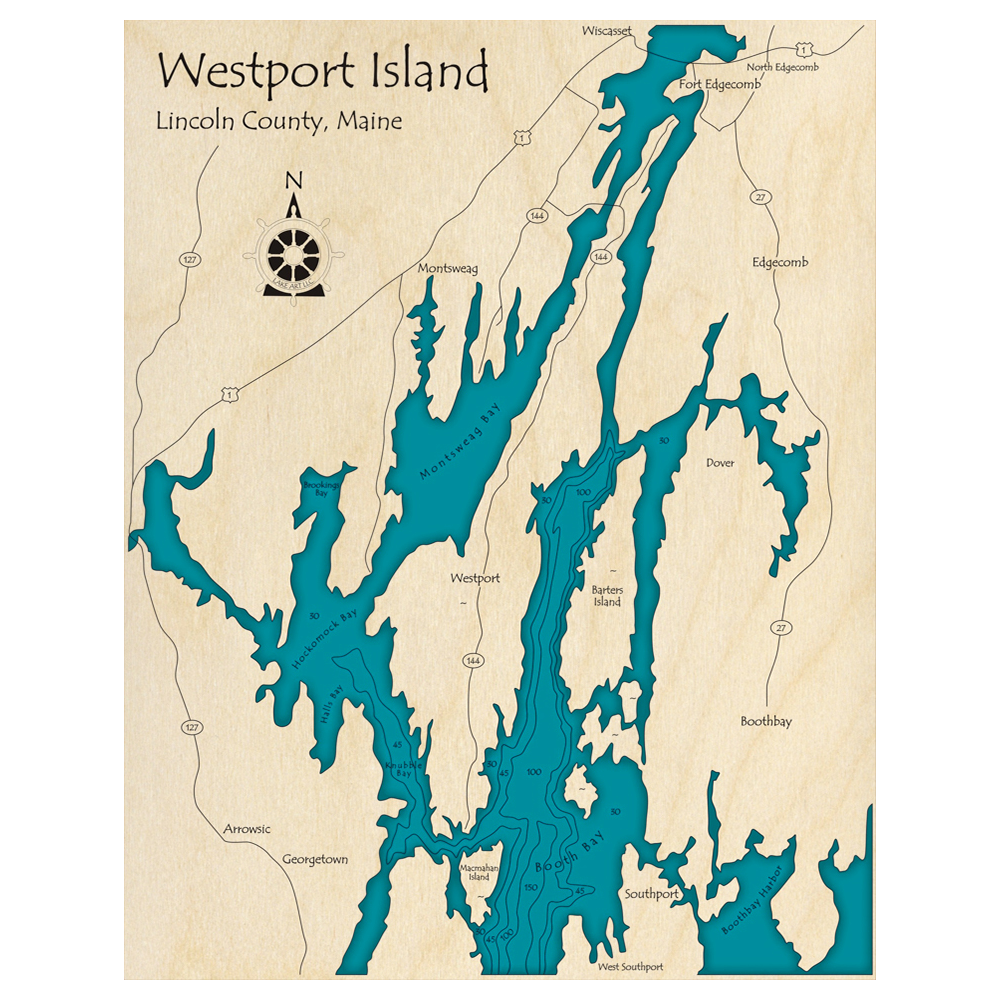 Bathymetric topo map of Westport Island, ME with roads, towns and depths noted in blue water.