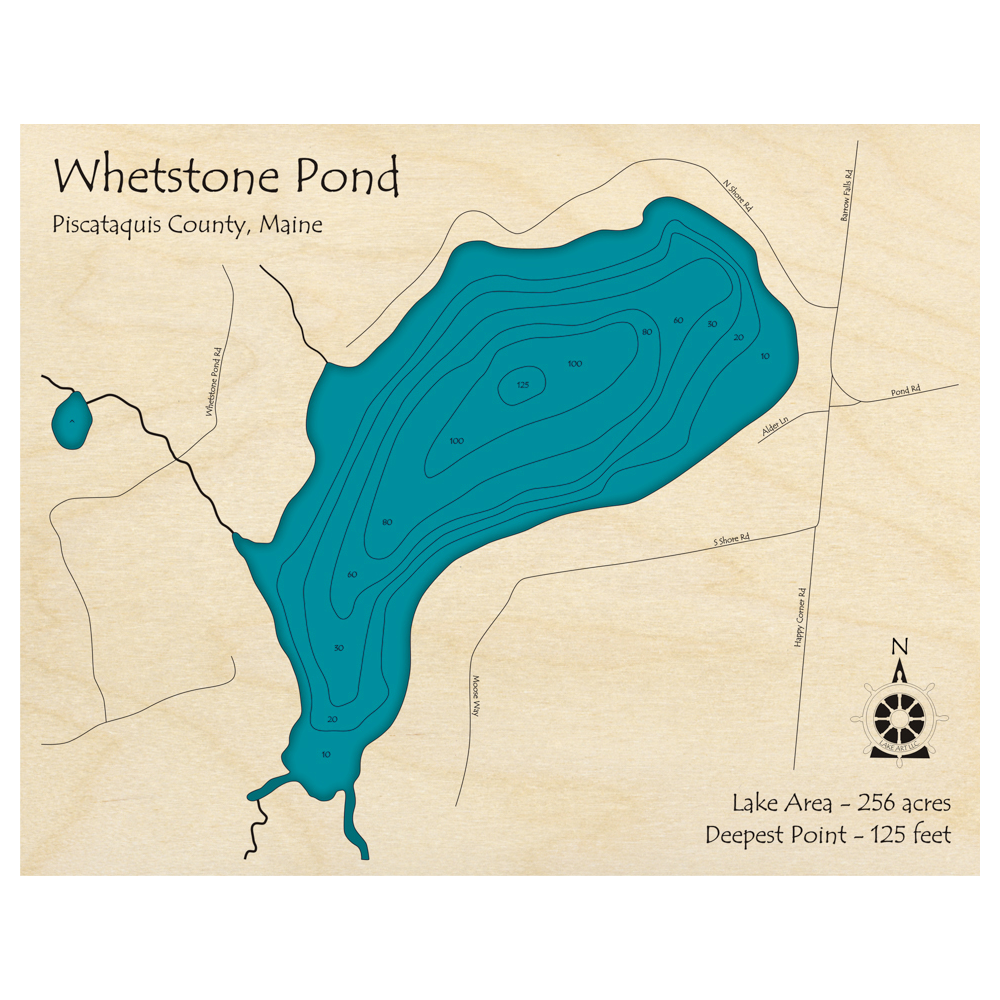 Bathymetric topo map of Whetstone Pond, ME with roads, towns and depths noted in blue water.