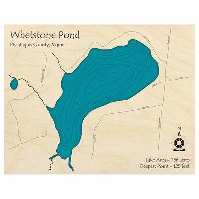 Bathymetric topo map of Whetstone Pond, ME with roads, towns and depths noted in blue water.